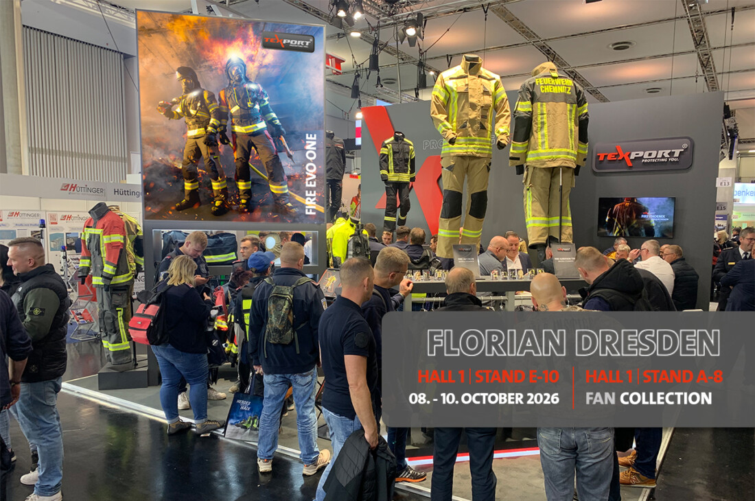 Feuerwehrbekleidung auf Messe in Dresden mit Besuchern